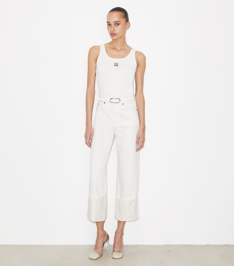 Tory Burch designer bottoms T Monogram Contrast Cuff Straight-Leg Jean in White on model front