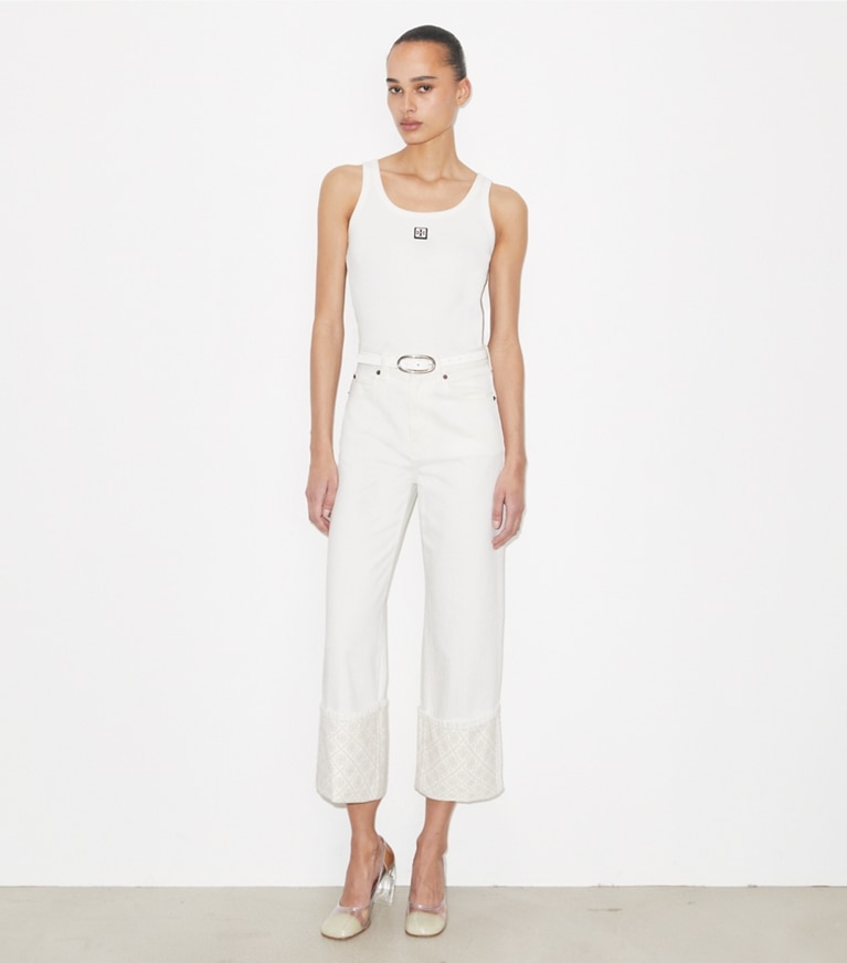 Tory Burch designer bottoms T Monogram Contrast Cuff Straight-Leg Jean in White on model front