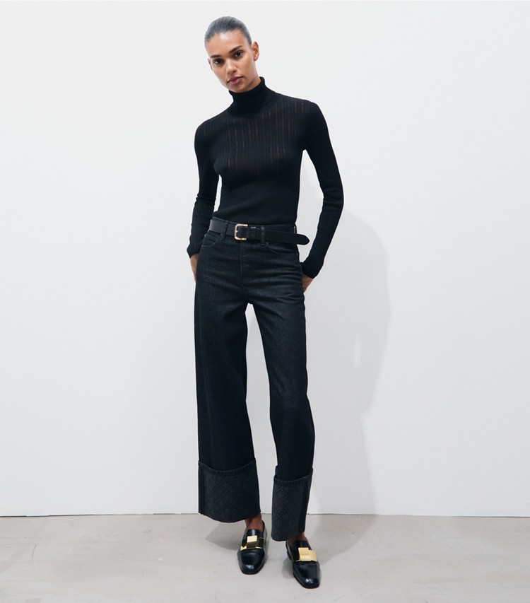 Tory Burch designer bottoms T Monogram Contrast Cuff Straight Leg Jean in Rinse Wash on model front