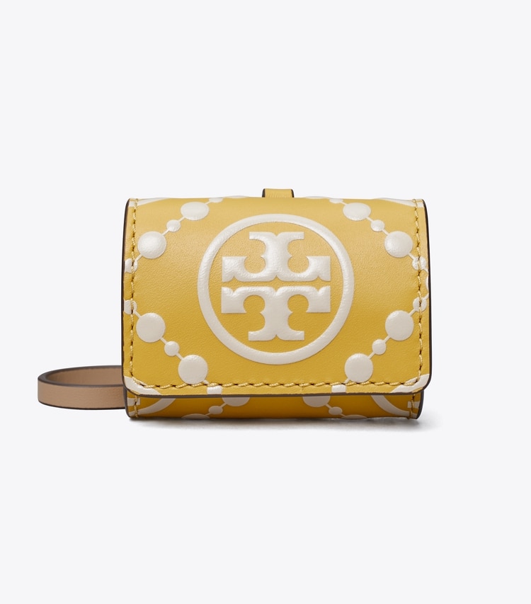 Tory Burch designer tech accessories T Monogram Contrast Embossed AirPods Case  in Golden Sunset angle