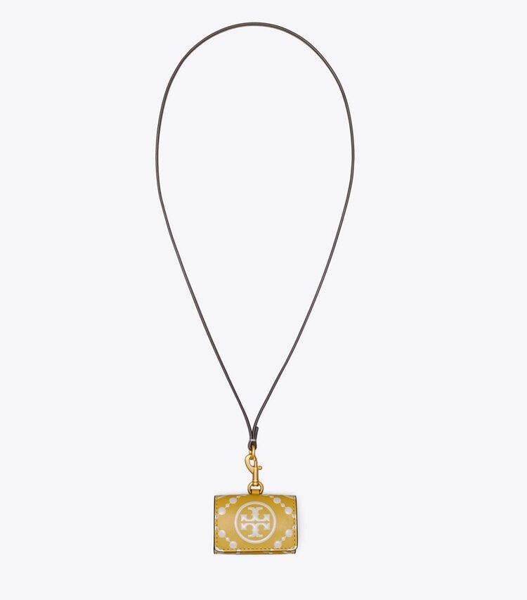 Tory Burch designer tech accessories T Monogram Contrast Embossed AirPods Case  in Golden Sunset detail