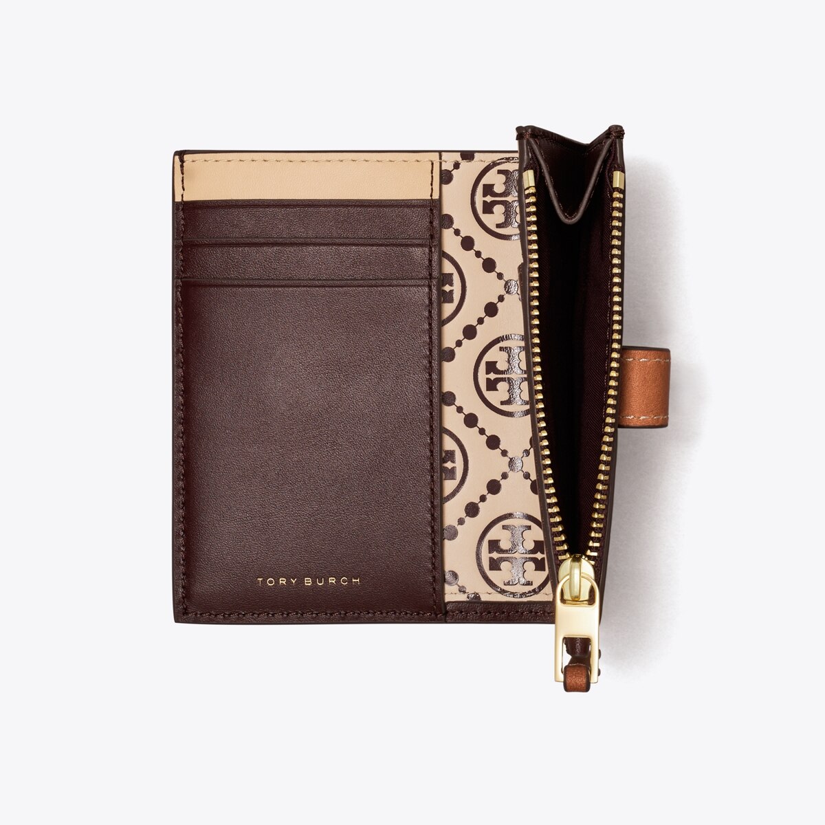 長財布 Tory Burch Leather And T Monogram Fabric Wallet T Monogram Contrast Embossed Zip Slim Wallet: Women's