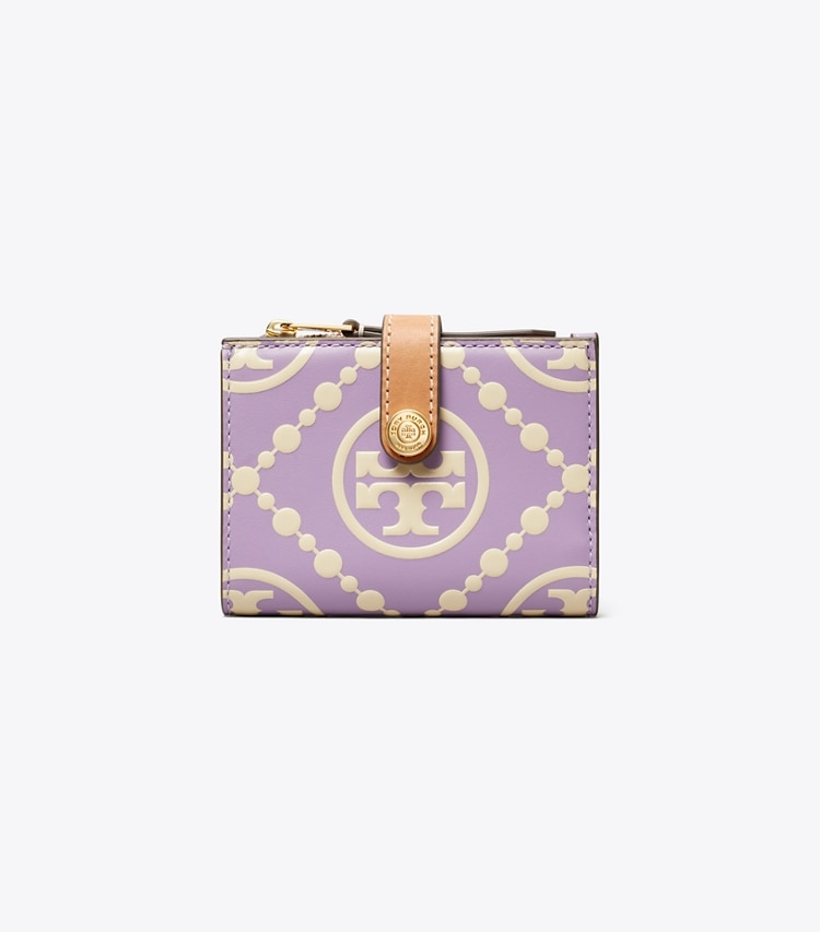 Tory Burch designer wallets T Monogram Contrast Embossed Bi-Fold Wallet in Novel Lilac / New Cream front