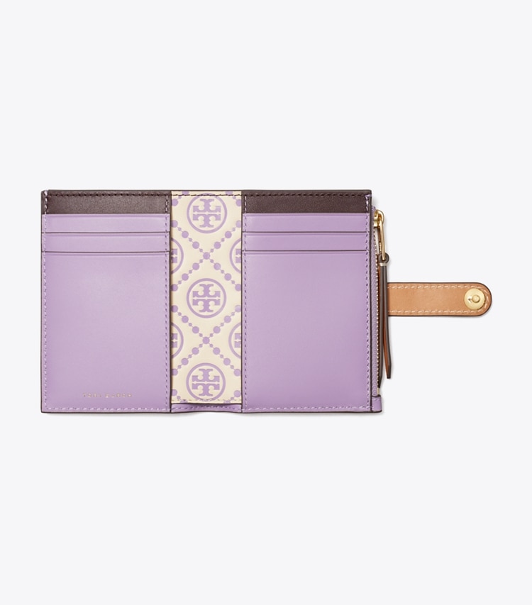 Tory Burch designer wallets T Monogram Contrast Embossed Bi-Fold Wallet in Novel Lilac / New Cream overhead
