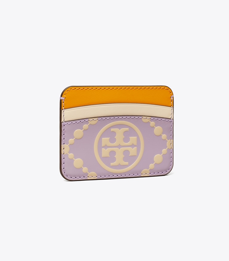 Tory Burch designer card cases T Monogram Contrast Embossed Card Case  in Thistle / Seaside Sand angle