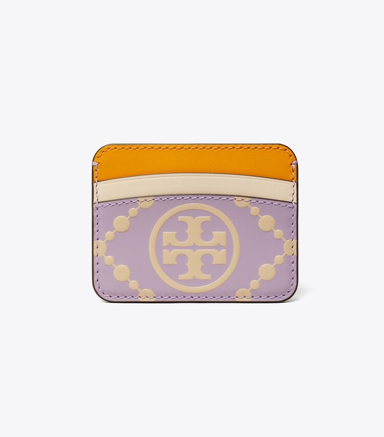 Tory Burch designer card cases T Monogram Contrast Embossed Card Case  in Thistle / Seaside Sand front