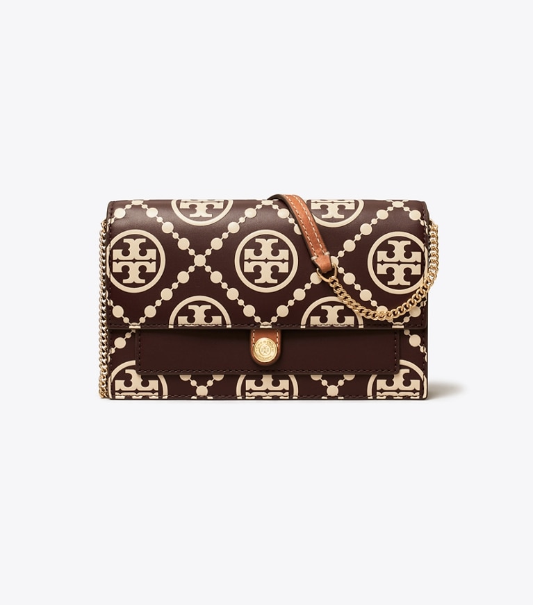 Tory Burch designer mini bags T Monogram Contrast Embossed Crossbody in Deep Maroon / New Cream angle