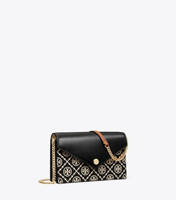 Tory Burch designer mini bags T Monogram Contrast Embossed Envelope Crossbody in Black / NEW CREAM angle