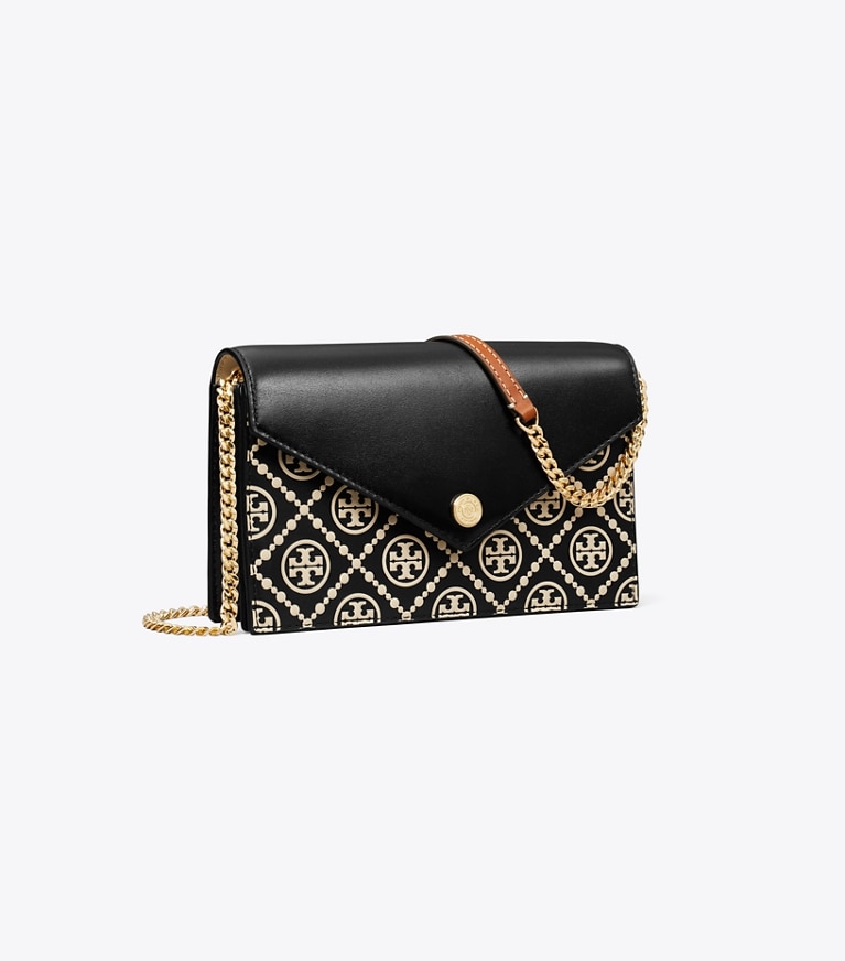 Tory Burch designer mini bags T Monogram Contrast Embossed Envelope Crossbody in Black / NEW CREAM angle