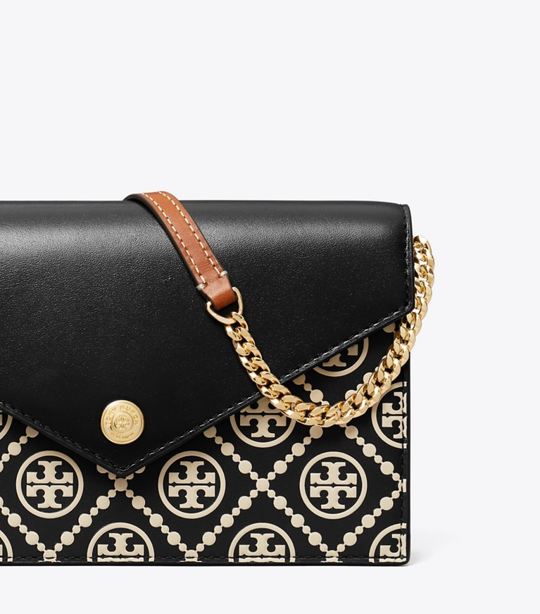 Tory Burch designer mini bags T Monogram Contrast Embossed Envelope Crossbody in Black / NEW CREAM angle