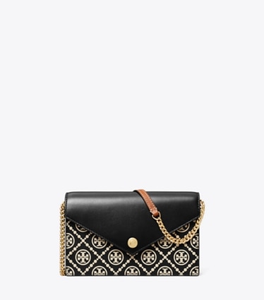 Tory Burch designer mini bags T Monogram Contrast Embossed Envelope Crossbody in Black / NEW CREAM front