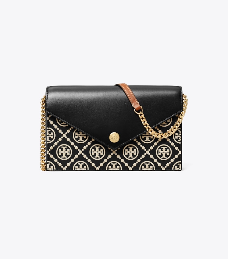 Tory Burch designer mini bags T Monogram Contrast Embossed Envelope Crossbody in Black / NEW CREAM front