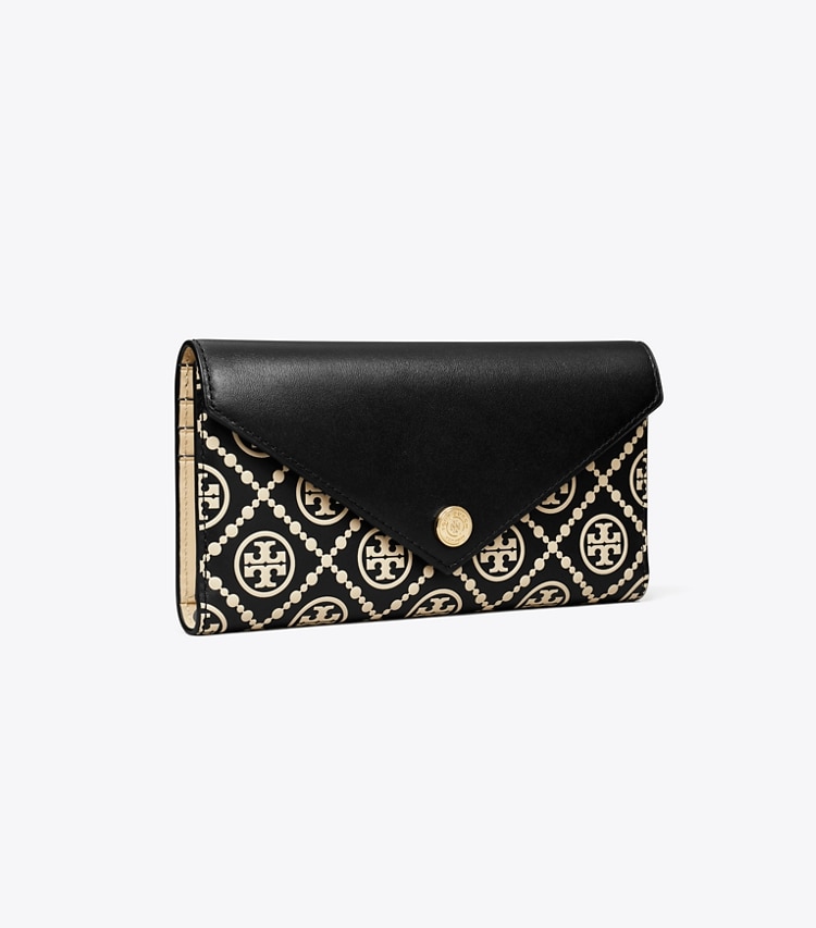 Tory Burch designer wallets T Monogram Contrast Embossed Envelope Wallet in Black / NEW CREAM angle