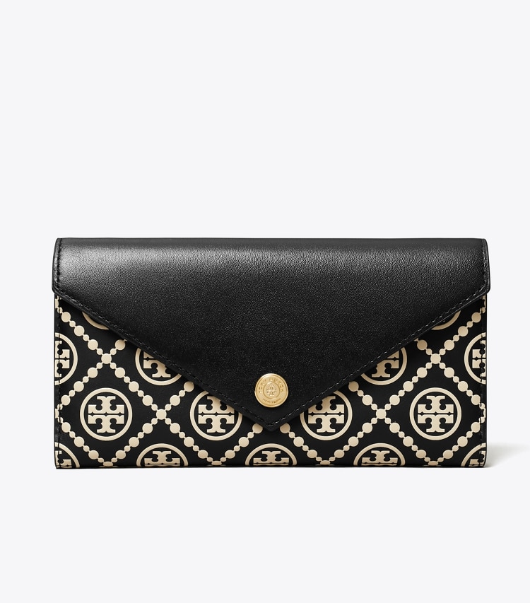 Tory Burch designer wallets T Monogram Contrast Embossed Envelope Wallet in Black / NEW CREAM front
