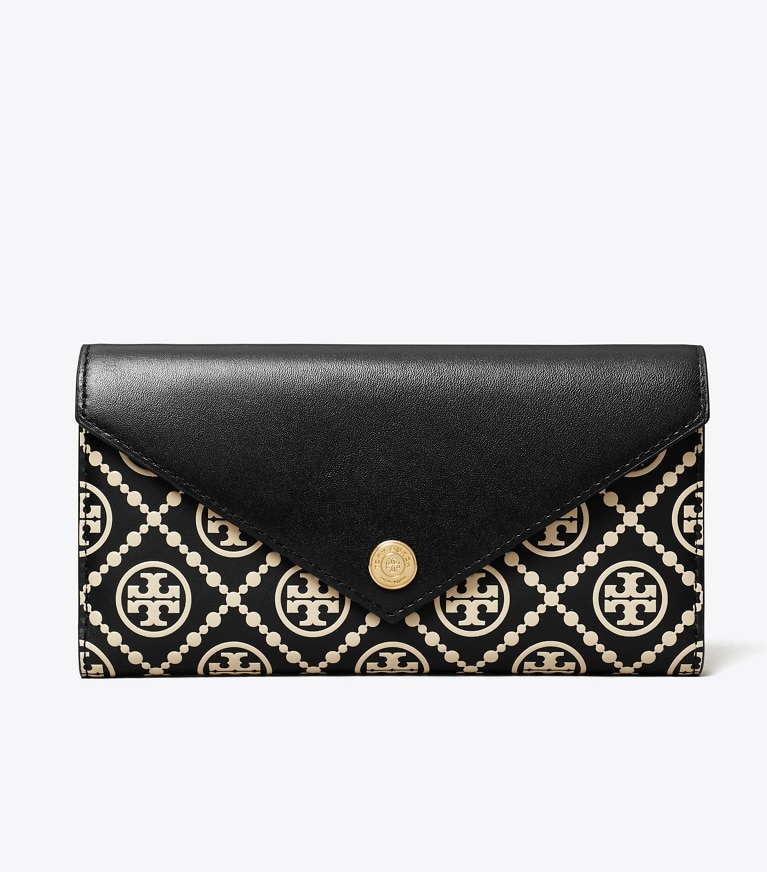Tory Burch designer wallets T Monogram Contrast Embossed Envelope Wallet in Black / NEW CREAM angle