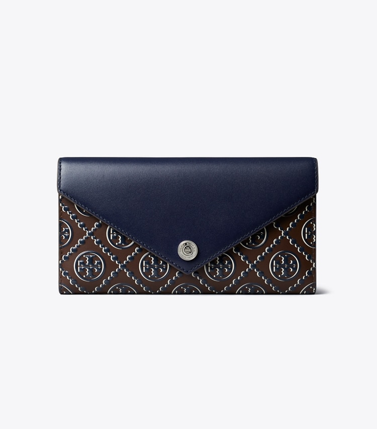 Tory Burch designer wallets T Monogram Contrast Embossed Envelope Wallet in Tory Navy / John Coco front