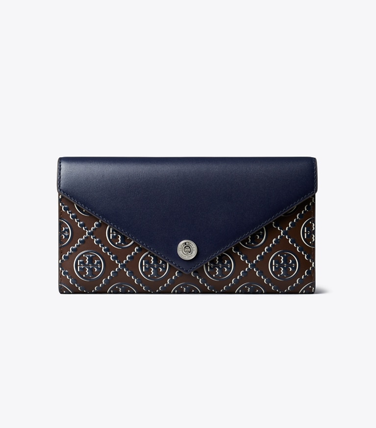 Tory Burch designer wallets T Monogram Contrast Embossed Envelope Wallet in Tory Navy / John Coco angle
