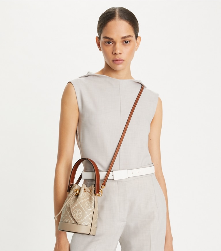 T Monogram Contrast-Embossed Mini Bucket Bag: Women's Handbags 