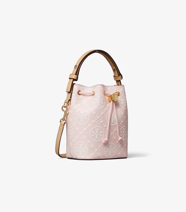 Tory Burch designer crossbody bags T Monogram Contrast Embossed Mini Bucket Bag in Powder Pink angle