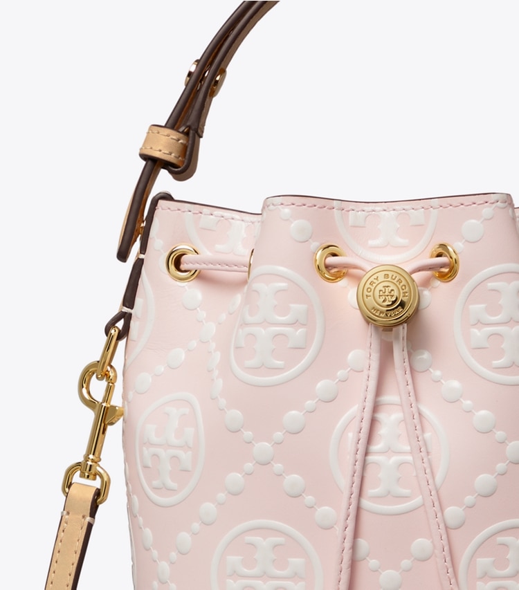 Tory Burch designer crossbody bags T Monogram Contrast Embossed Mini Bucket Bag in Powder Pink detail