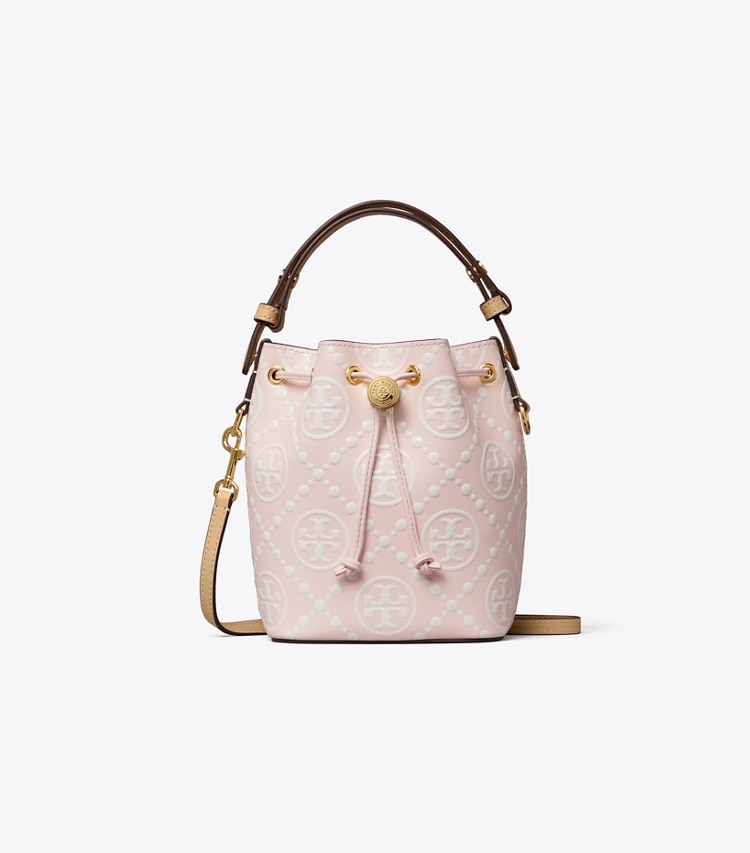 Tory Burch designer crossbody bags T Monogram Contrast Embossed Mini Bucket Bag in Powder Pink front