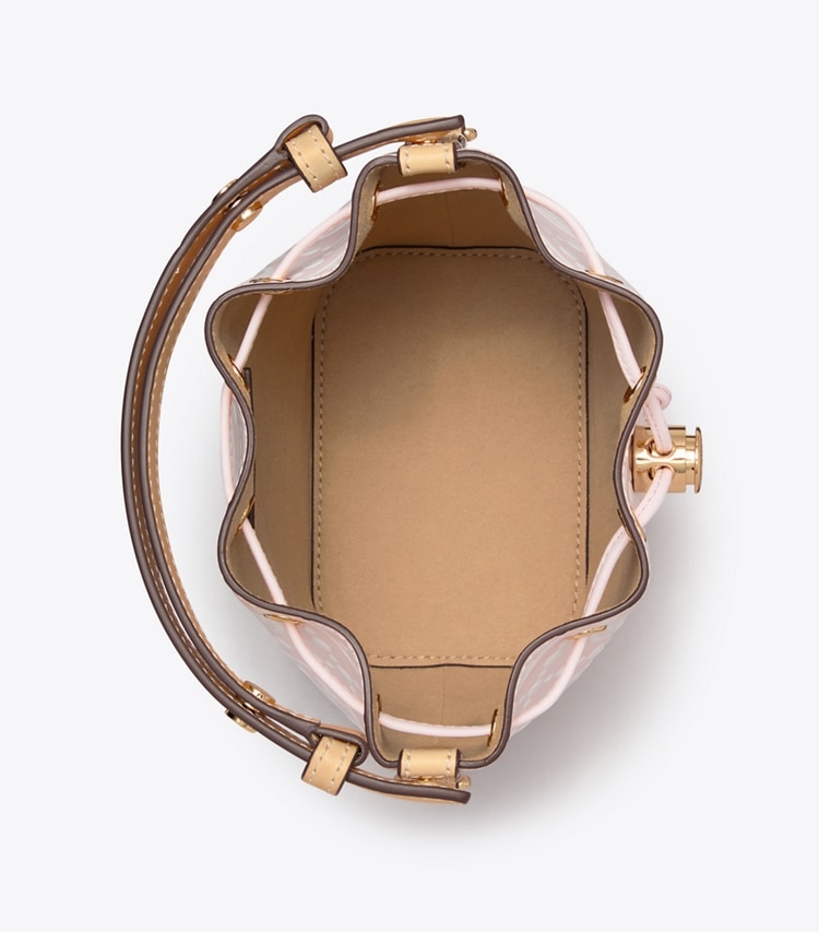Tory Burch designer crossbody bags T Monogram Contrast Embossed Mini Bucket Bag in Powder Pink overhead