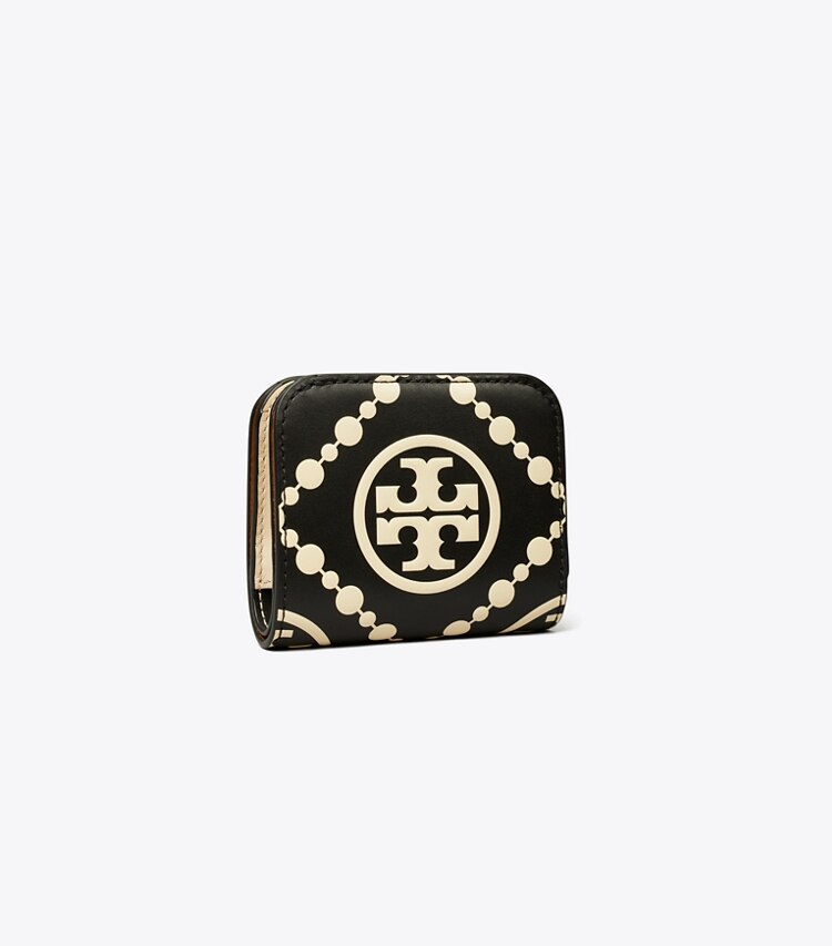 Tory Burch designer wallets T Monogram Contrast Embossed Mini Wallet in Black / NEW CREAM angle