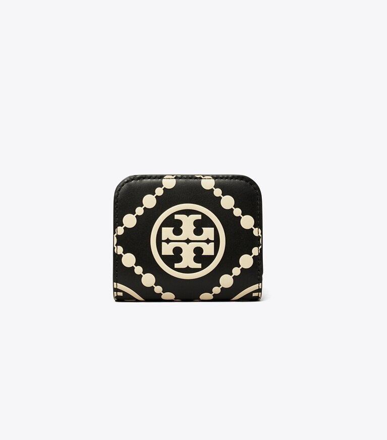 Tory Burch designer wallets T Monogram Contrast Embossed Mini Wallet in Black / NEW CREAM angle