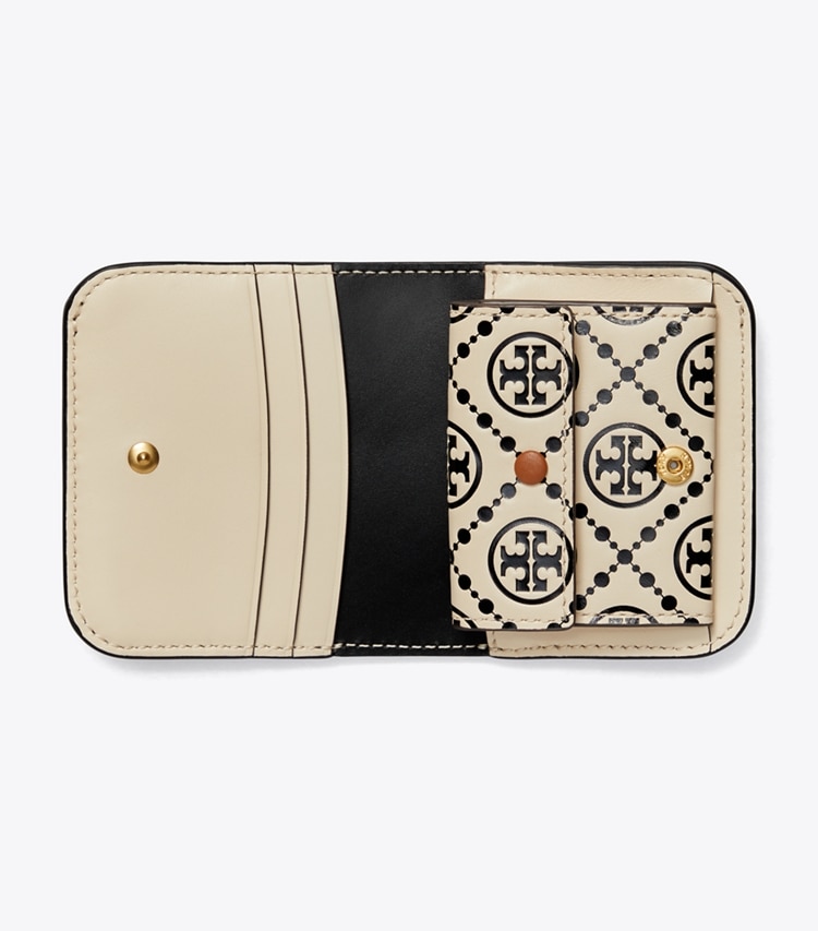 Tory Burch designer wallets T Monogram Contrast Embossed Mini Wallet in Black / NEW CREAM overhead