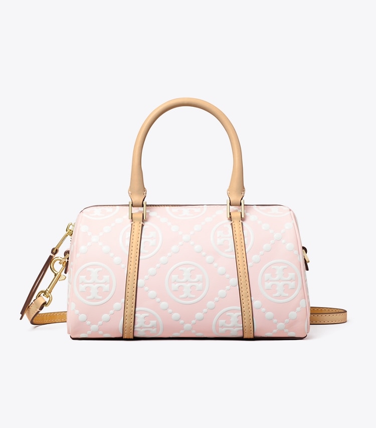 Tory Burch designer クロスボディバッグ Tモノグラム コントラスト エンボス プチバレルバッグ in Powder Pink front