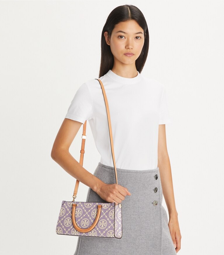T Monogram Contrast Embossed Small East-West Tote: Women's