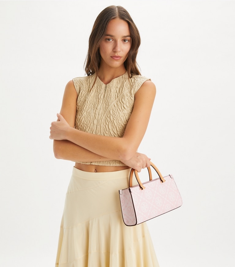 Tory Burch designer satchels T Monogram Contrast Embossed Small East-West Tote in Powder Pink angle