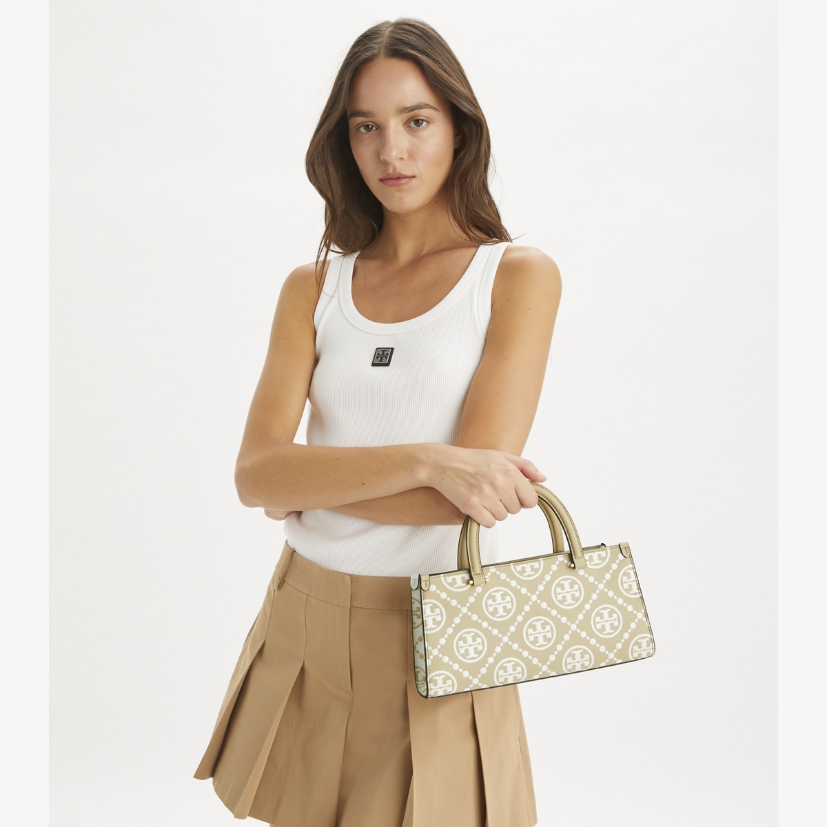 T Monogram Contrast Embossed Small East-West Tote: Women's
