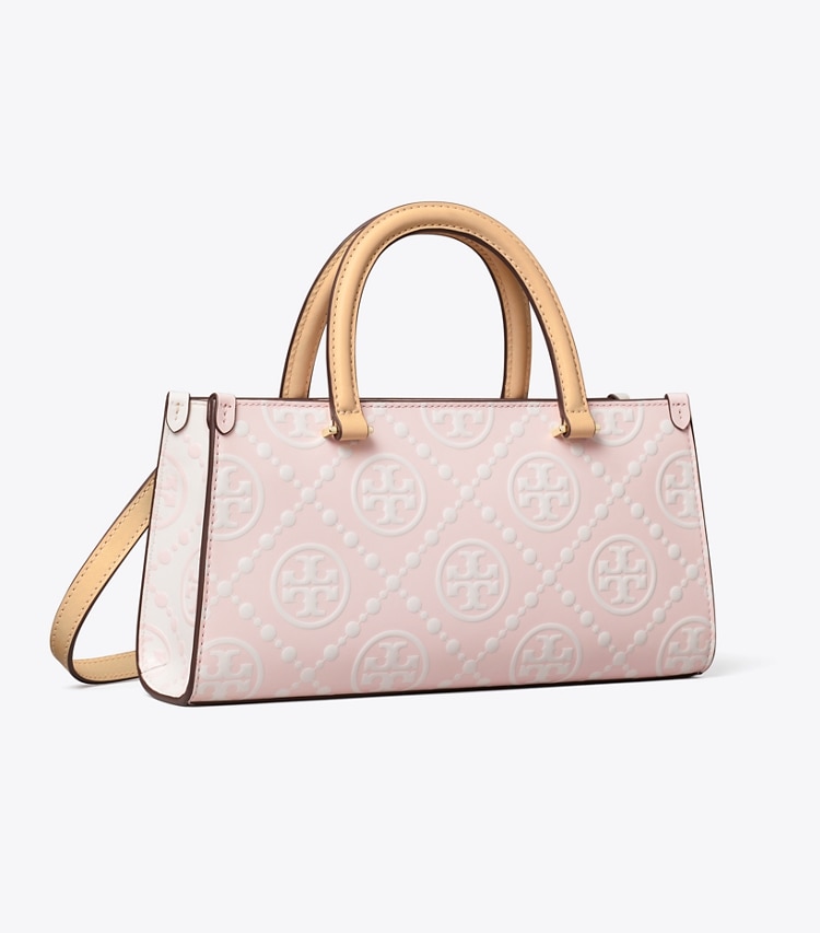 Tory Burch designer satchels T Monogram Contrast Embossed Small East-West Tote in Powder Pink angle