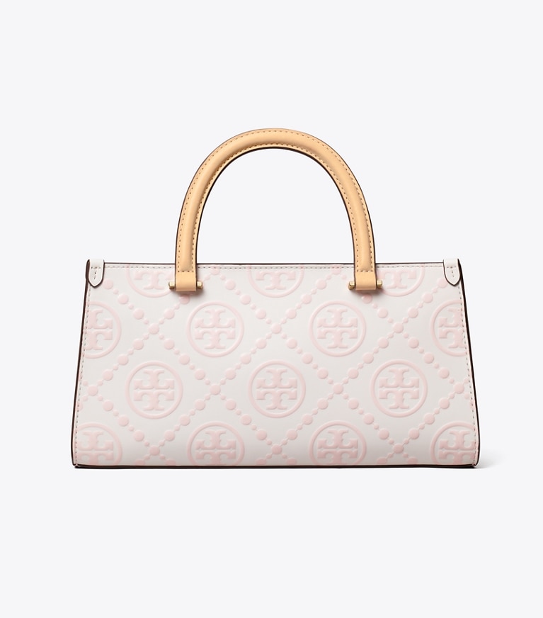 Tory Burch designer satchels T Monogram Contrast Embossed Small East-West Tote in Powder Pink angle