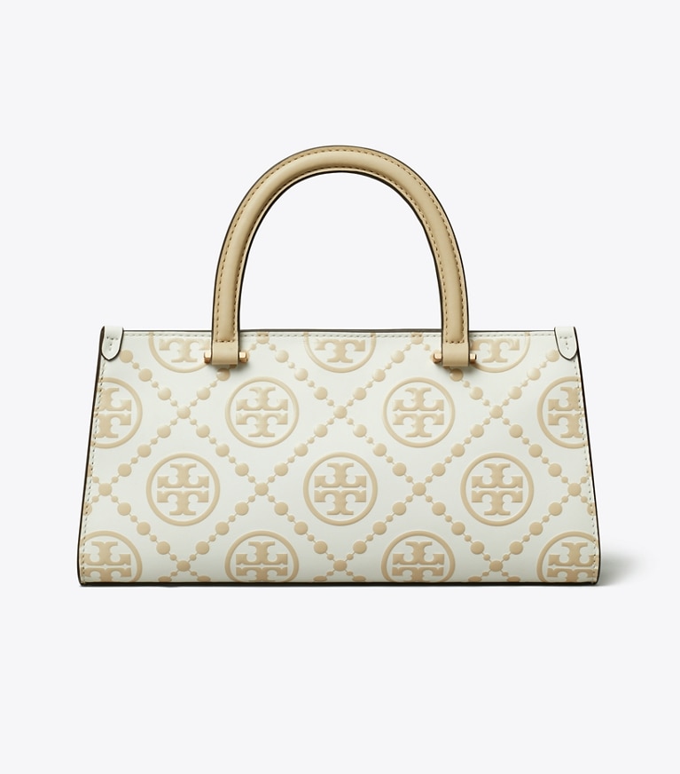 Tory Burch designer サッチェルバッグ Tモノグラム コントラスト エンボス イーストウエスト スモール トートバッグ in Beige angle