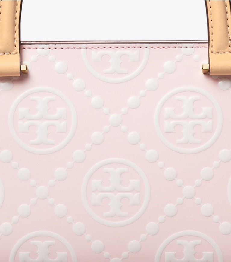 Tory Burch designer satchels T Monogram Contrast Embossed Small East-West Tote in Powder Pink angle