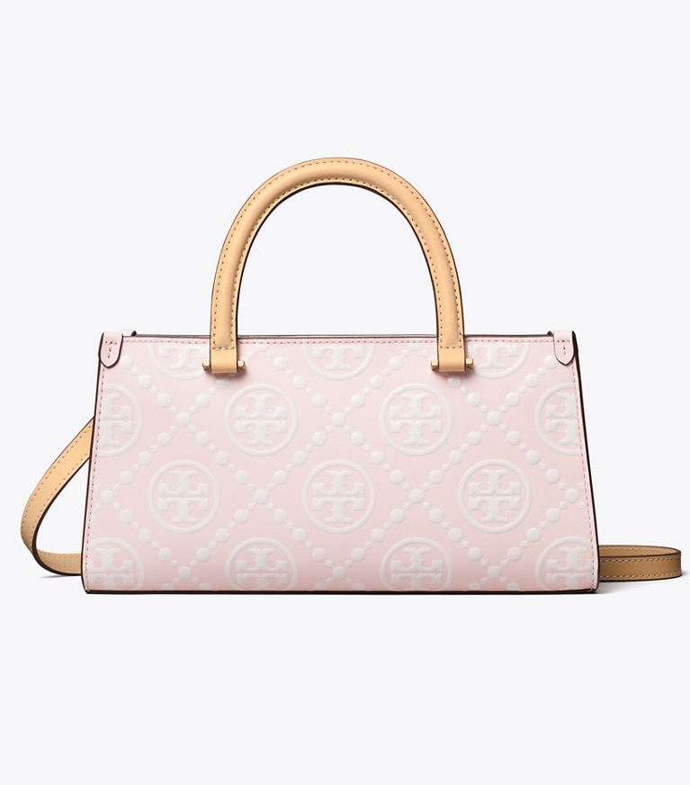 Tory Burch designer satchels T Monogram Contrast Embossed Small East-West Tote in Powder Pink angle