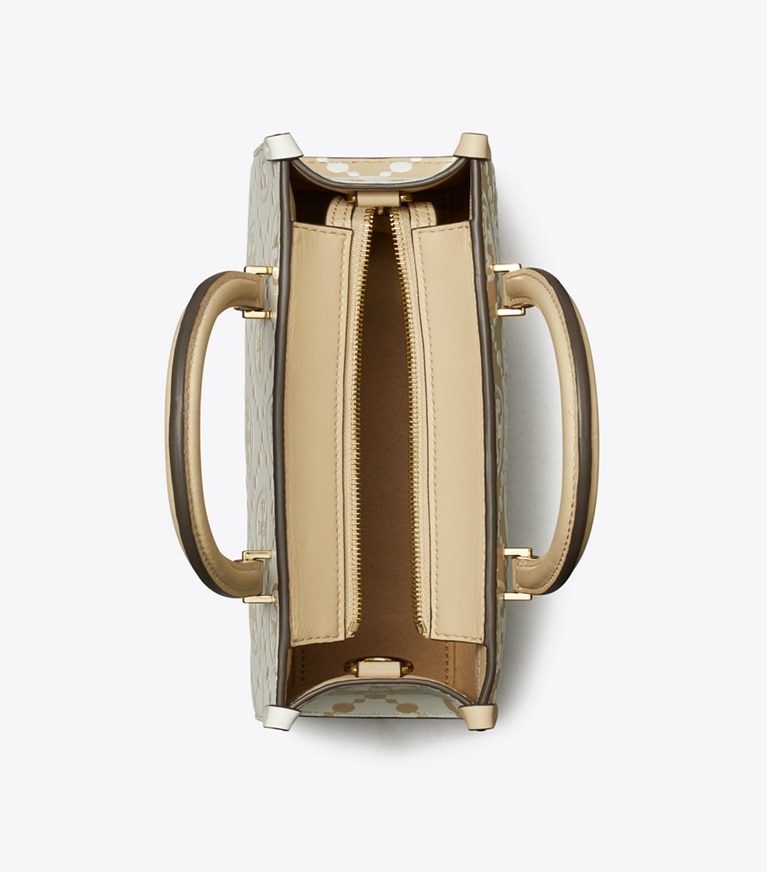 Tory Burch designer サッチェルバッグ Tモノグラム コントラスト エンボス イーストウエスト スモール トートバッグ in Beige angle