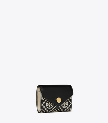 Tory Burch designer wallets T Monogram Contrast Embossed Small Envelope Wallet in Black / NEW CREAM angle