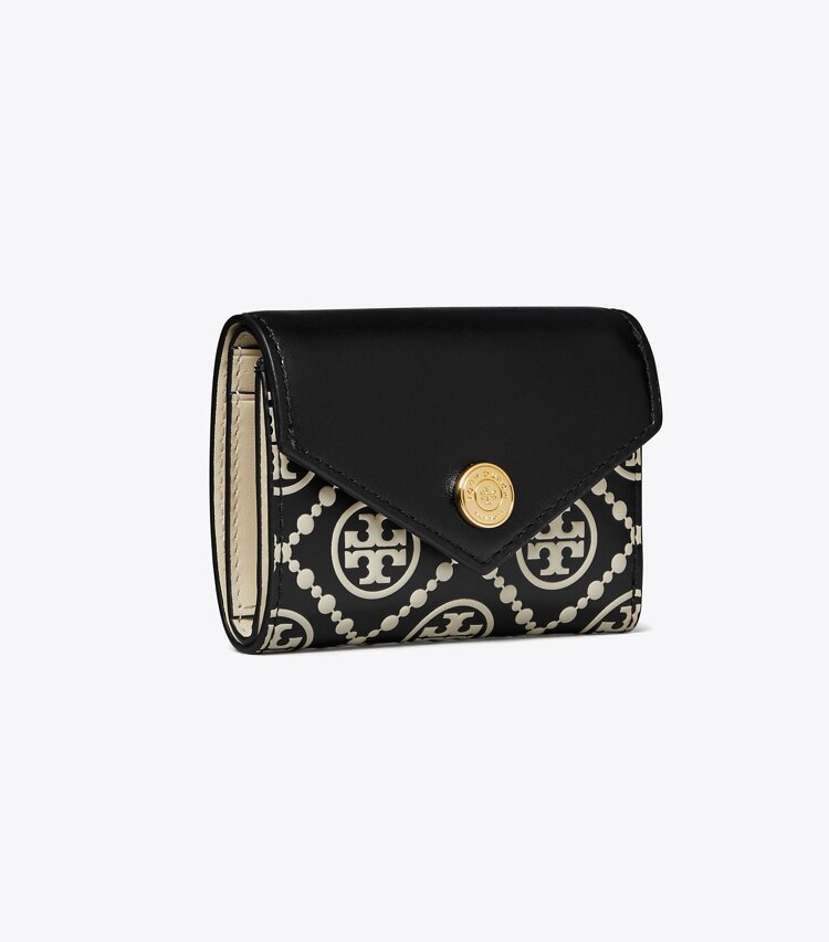 Tory Burch designer wallets T Monogram Contrast Embossed Small Envelope Wallet in Black / NEW CREAM angle