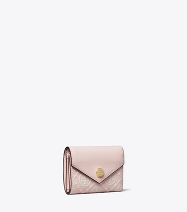 Tory Burch designer wallets T Monogram Contrast Embossed Small Envelope Wallet in Powder Pink / New Cream angle