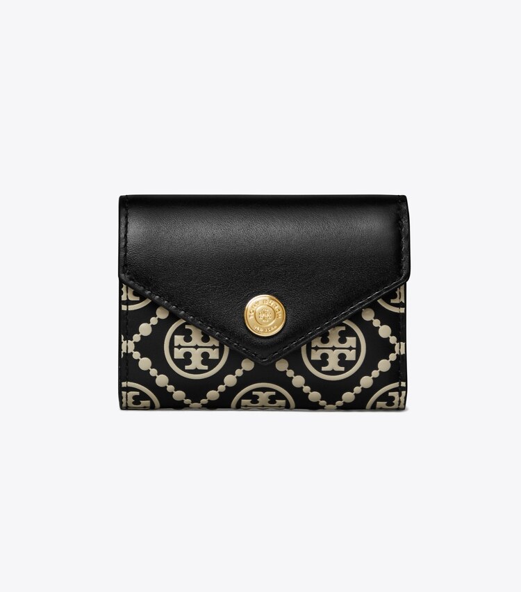 Tory Burch designer wallets T Monogram Contrast Embossed Small Envelope Wallet in Black / NEW CREAM front
