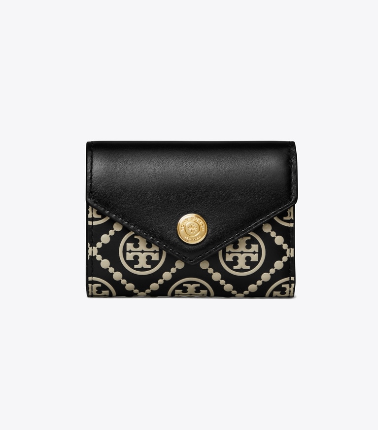 Tory Burch designer wallets T Monogram Contrast Embossed Small Envelope Wallet in Black / NEW CREAM angle