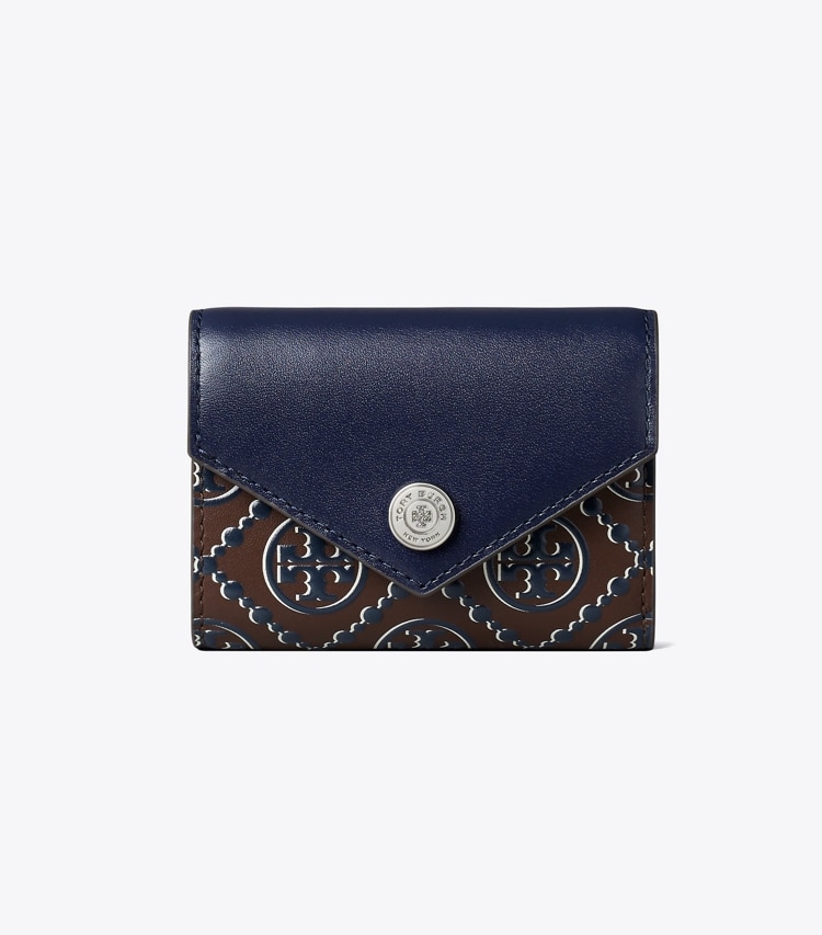 Tory Burch designer wallets T Monogram Contrast Embossed Small Envelope Wallet in Tory Navy / John Coco front
