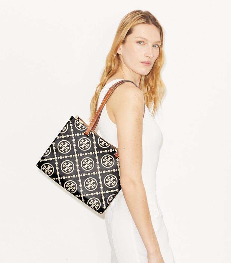 Tory Burch designer tote bags T Monogram Contrast Embossed Small Tote in Black/White accessory on model