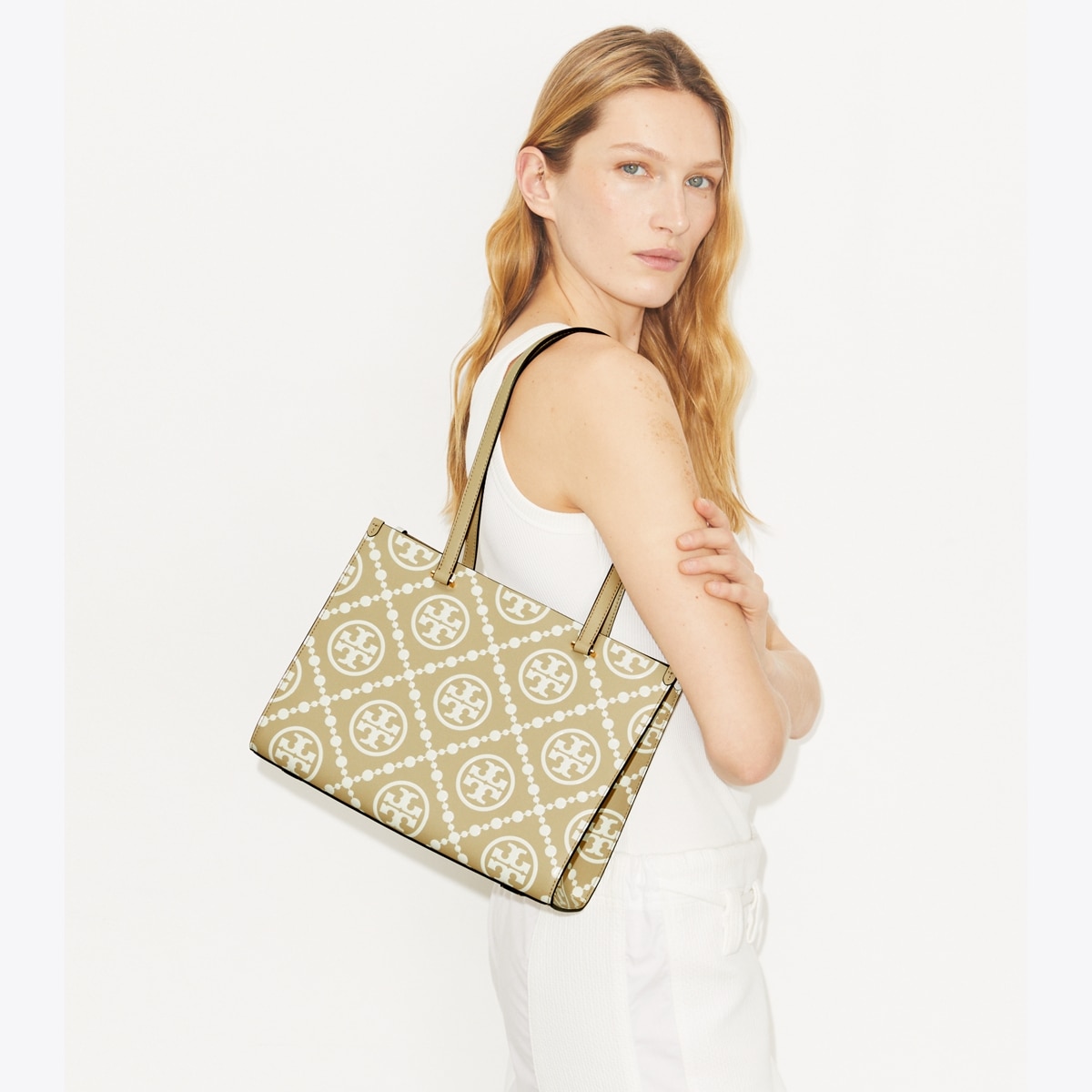T Monogram Contrast Embossed Small Tote: Women's Designer Tote