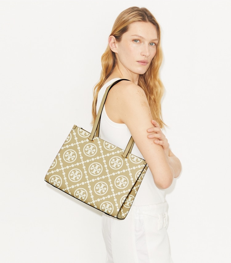 Tory Burch designer tote bags T Monogram Contrast Embossed Small Tote in Beige accessory on model