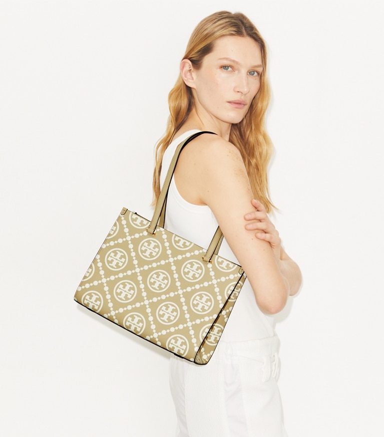 Tory Burch designer tote bags T Monogram Contrast Embossed Small Tote in Beige accessory on model