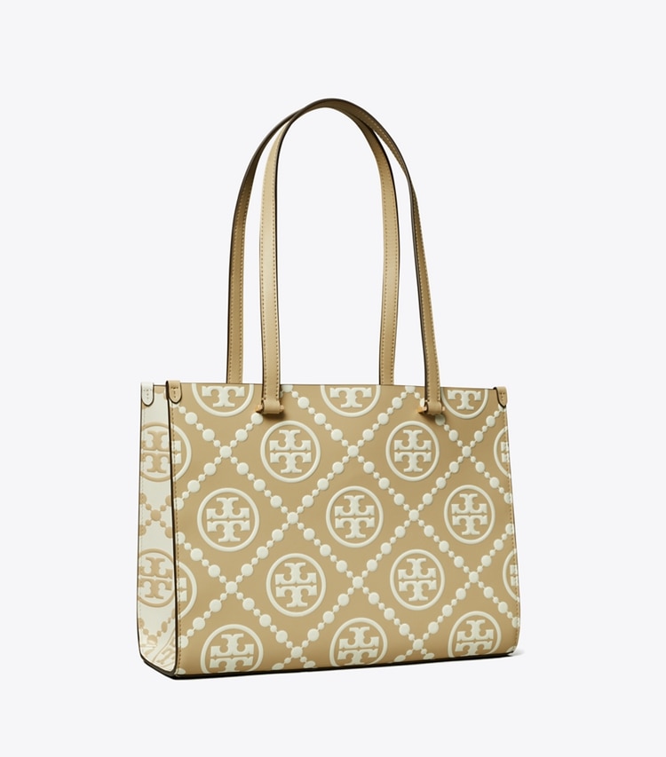Tory Burch designer tote bags T Monogram Contrast Embossed Small Tote in Beige angle